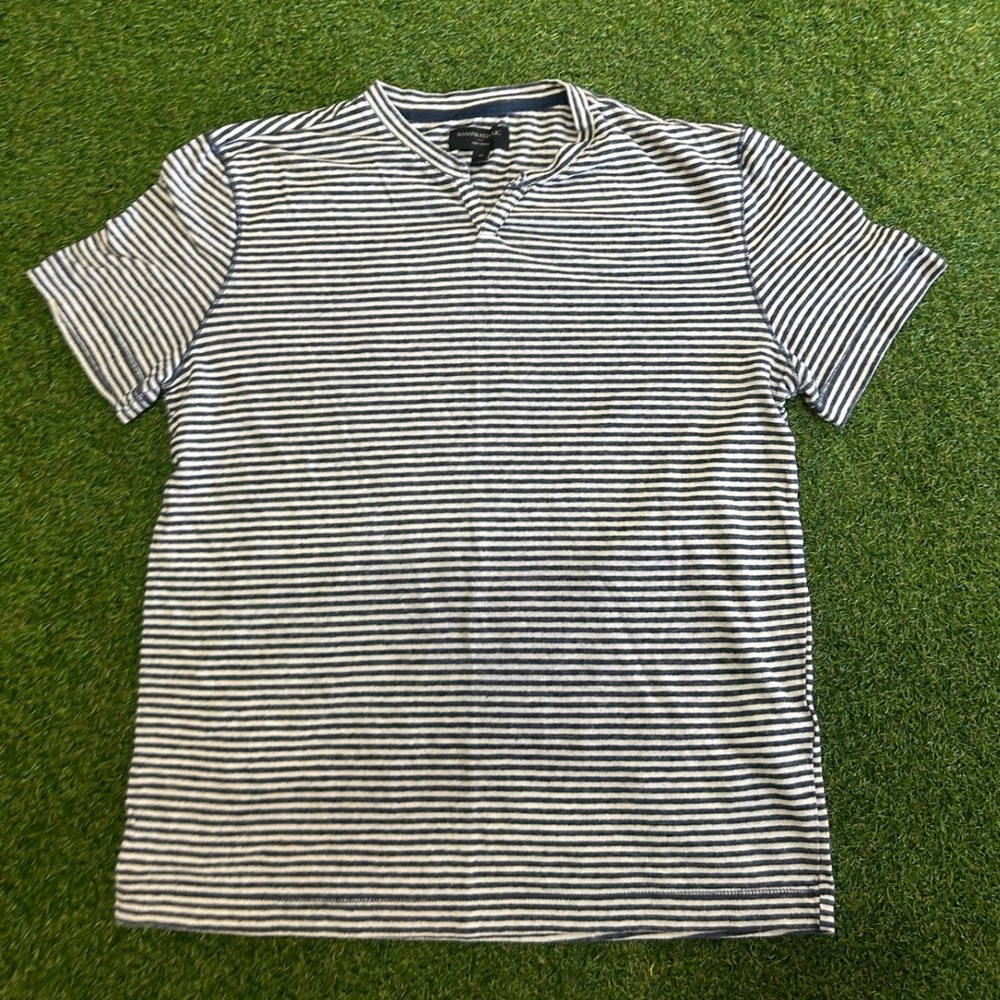 Banana Republic Mens Navy White Striped Linen Blend Notch V-Neck T-Shirt Size M